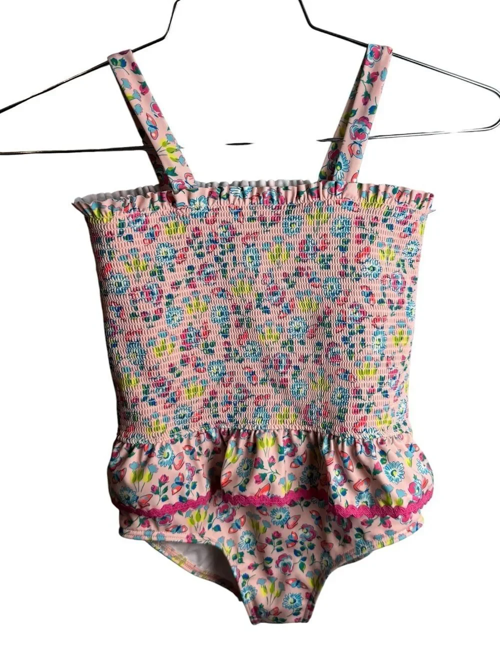 Mini Boden Peplum Smocked Swimsuit Chalk Pink Butterfly Floral 7-8Y